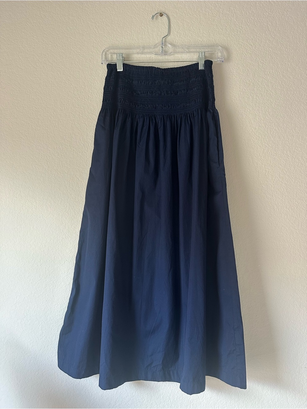 Madewell Smocked Waist Poplin Midi Skirt Midnight Navy Size S Cotton NU637